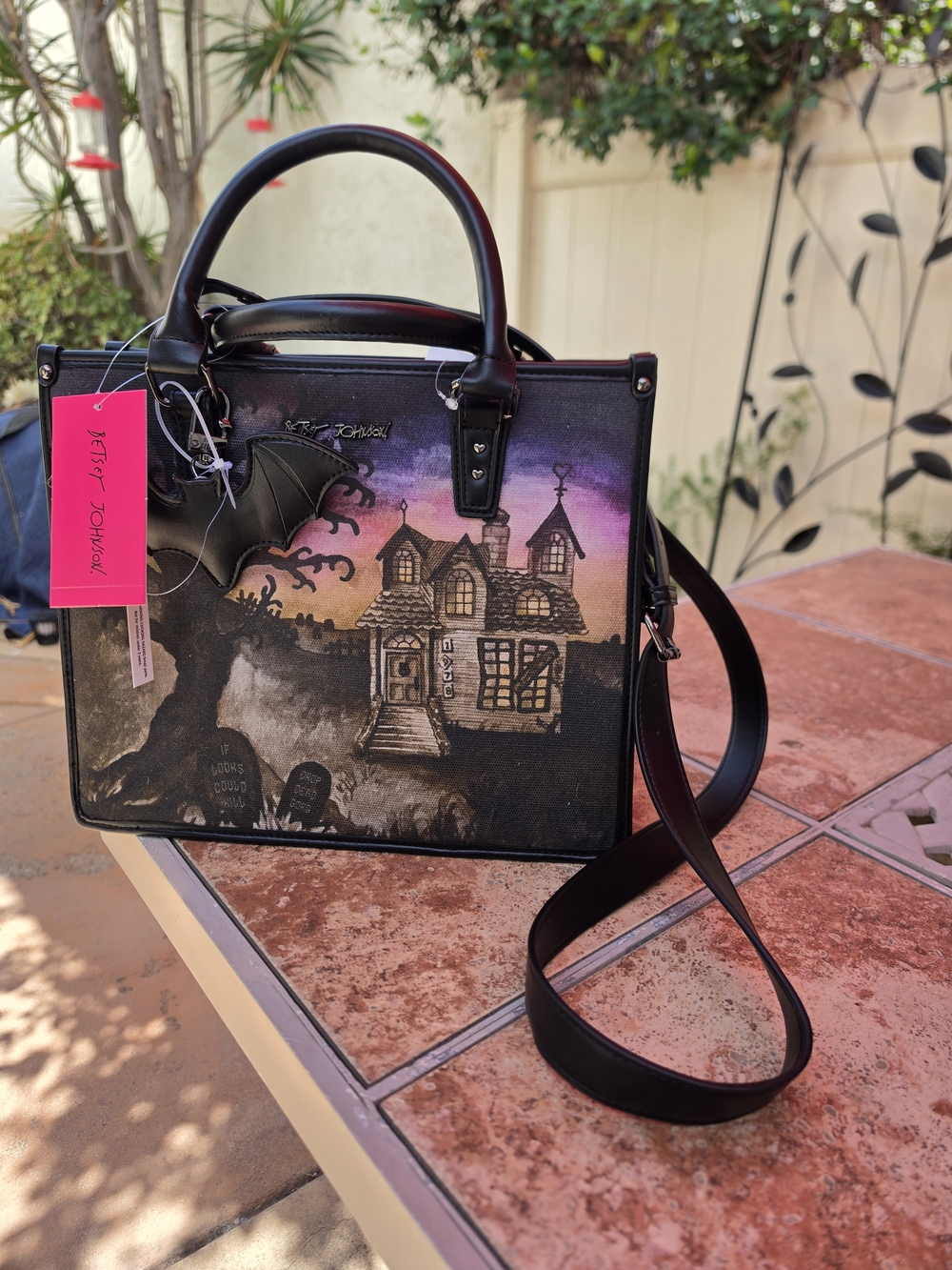Betsey Johnson Black Haunted House Print Satchel